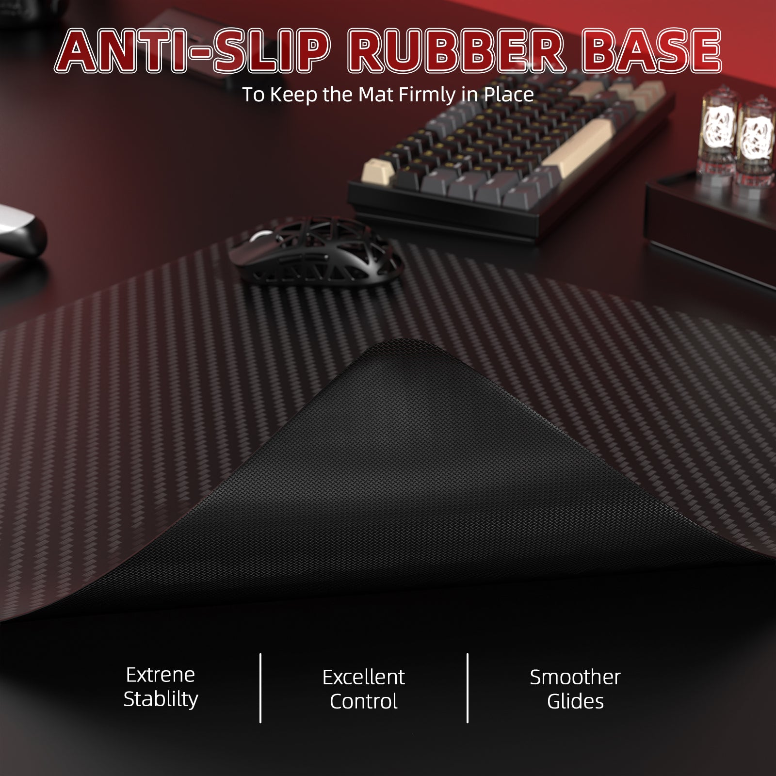 CM04 Carbon Fiber Mousepad with anti-slip rubber base for enhanced stability during gaming.