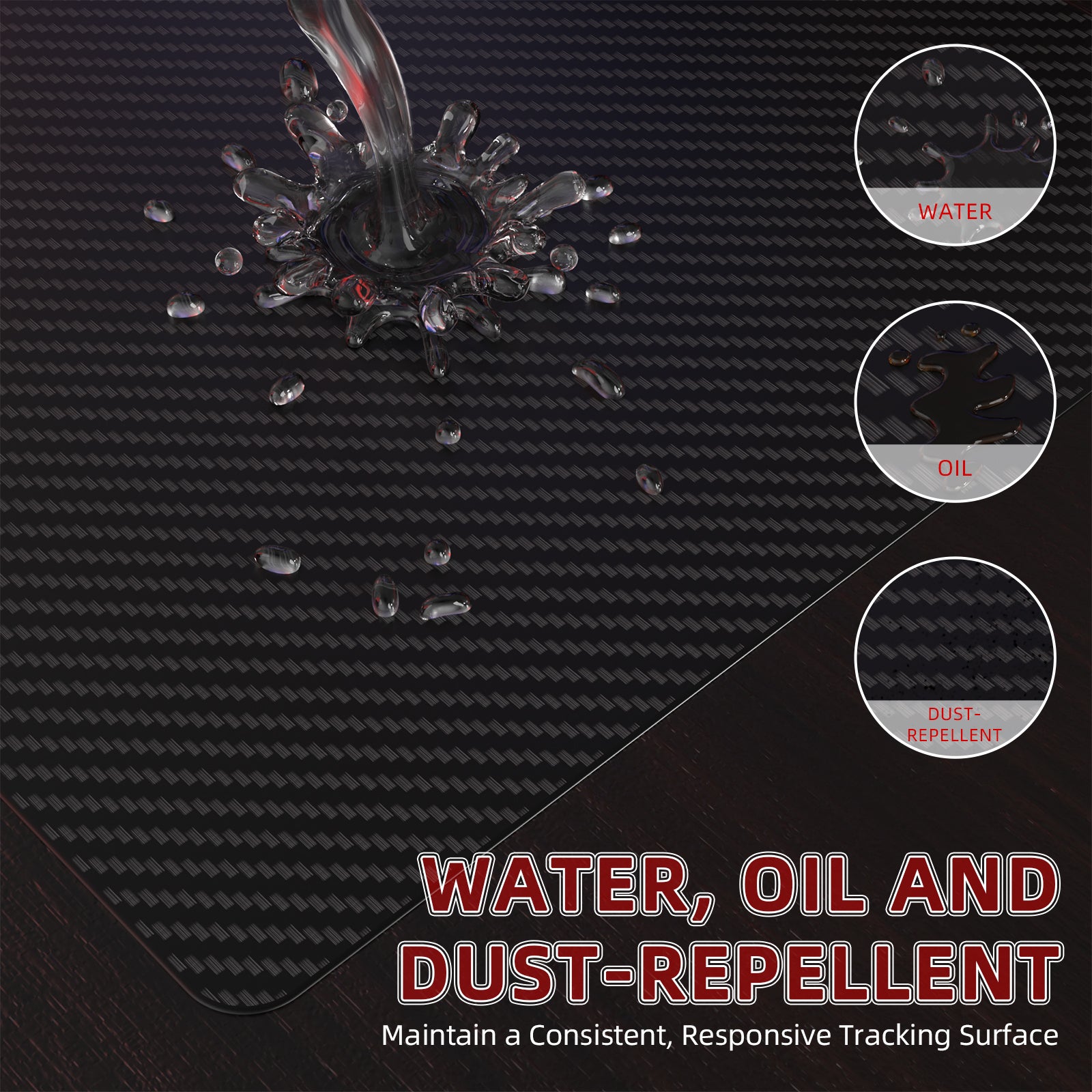 Water, oil, and dust-repellent features of CM04 Carbon Fiber Gaming Mousepad.