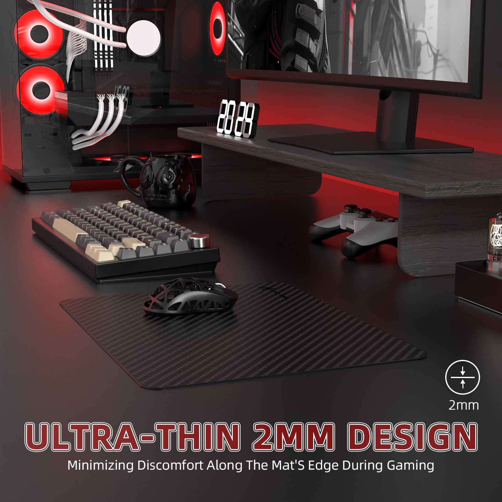 CM04 Carbon Fiber Gaming Mousepad with ultra-thin 2mm design near keyboard and monitor setup