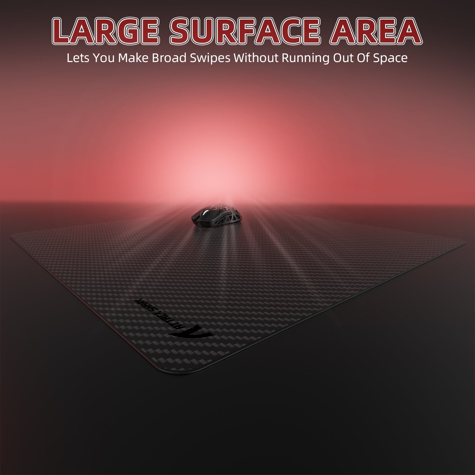 CM04 Carbon Fiber Mousepad with large surface area for broad swipes, featuring a gaming mouse.