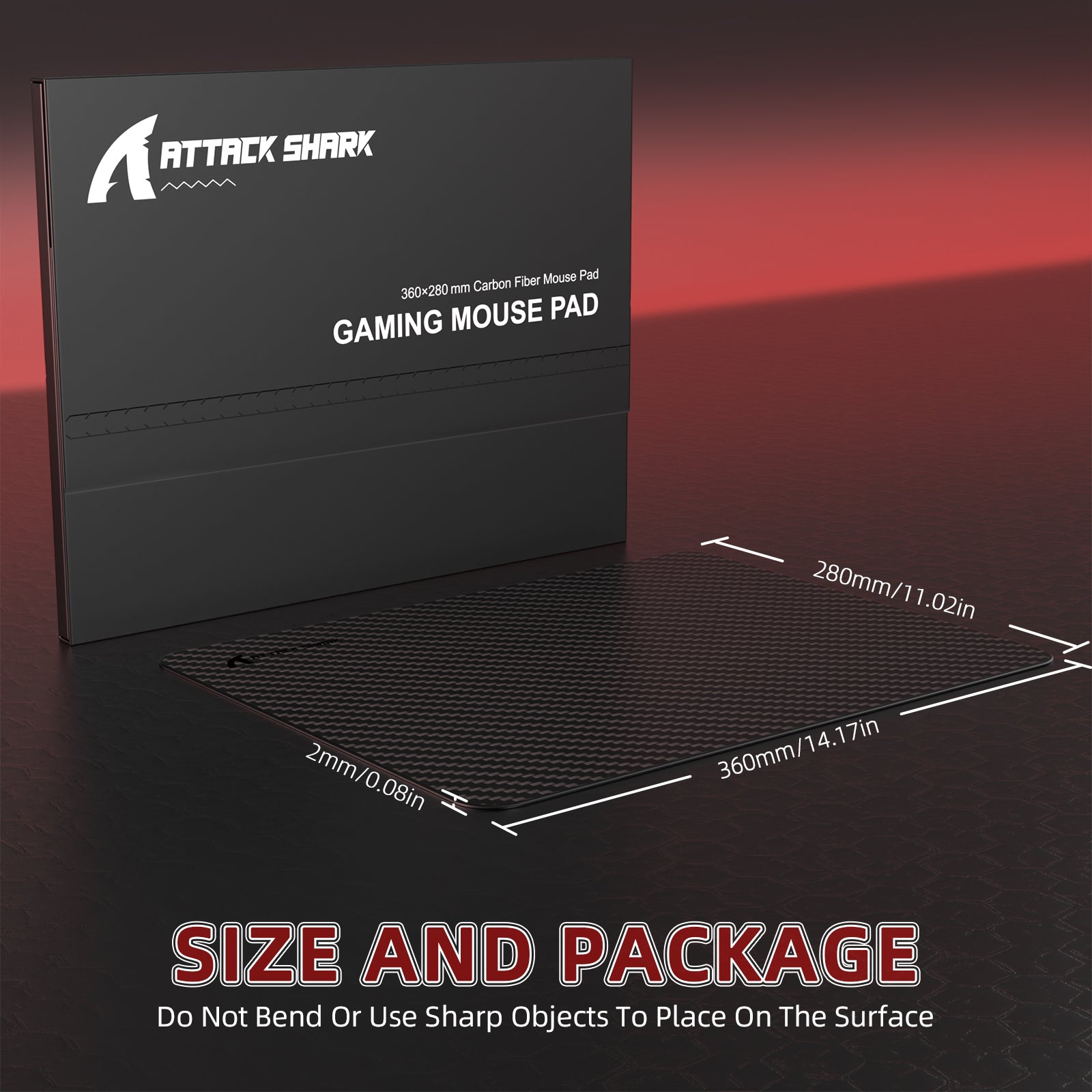 Attack Shark CM04 Gaming Mousepad packaging with dimensions and care instructions.