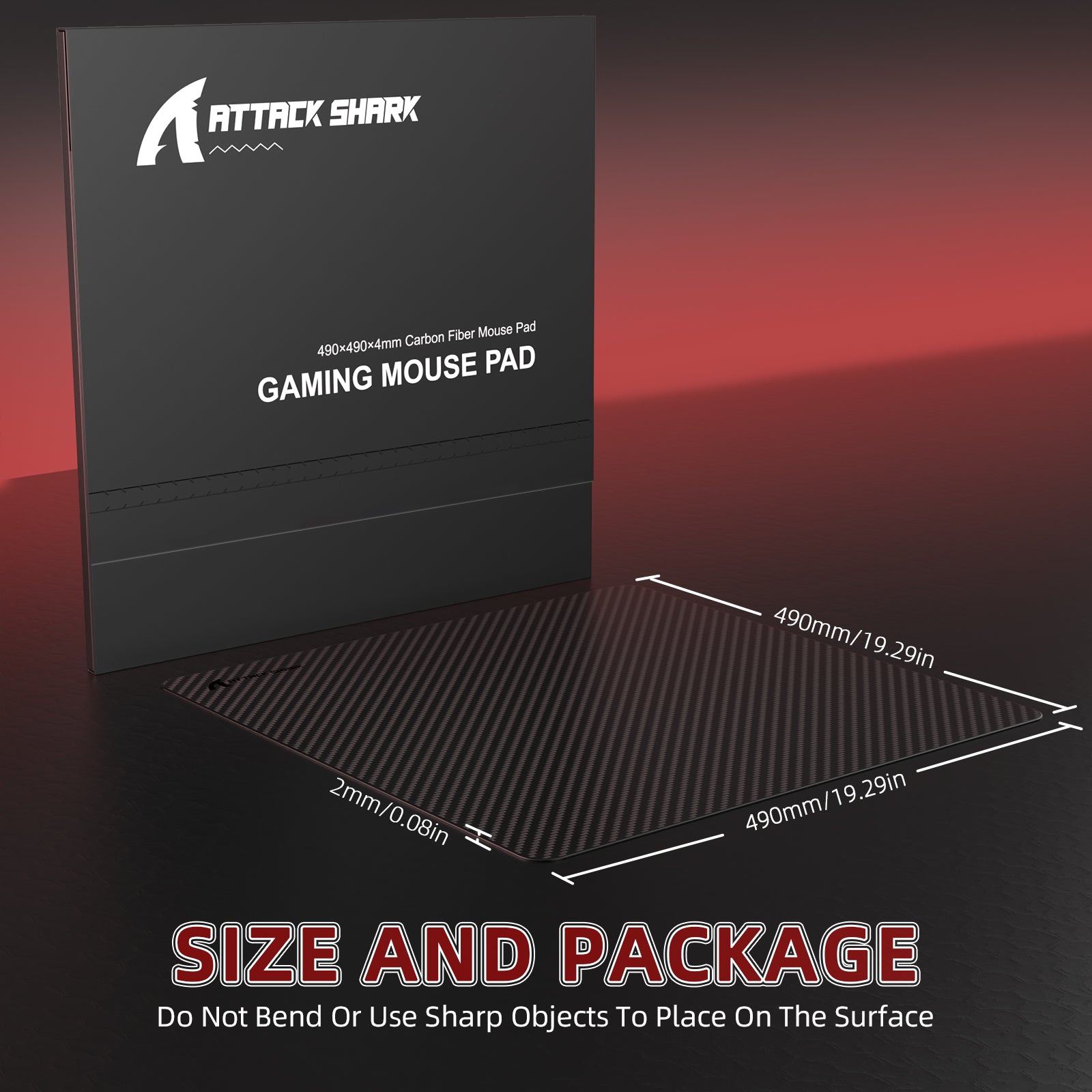 Attack Shark CM04 Gaming Mousepad packaging with dimensions and care instructions.