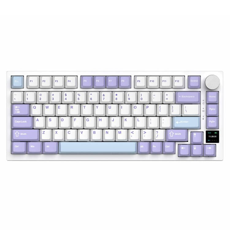 Attack Shark AK820 Pro mechanical keyboard in white and purple layout with knob