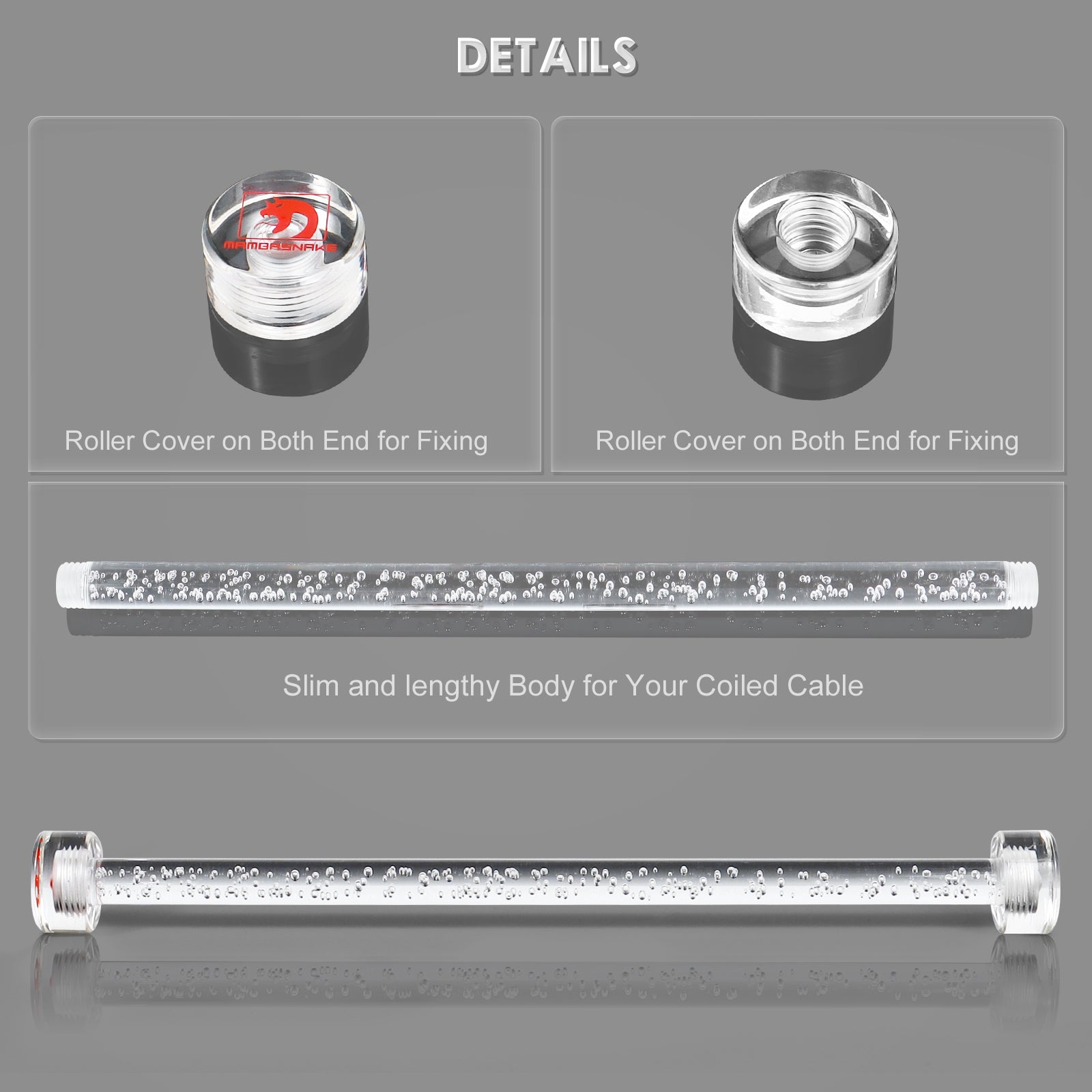 Acrylic cable winder with end caps designed for coiled USB-C keyboard cables.