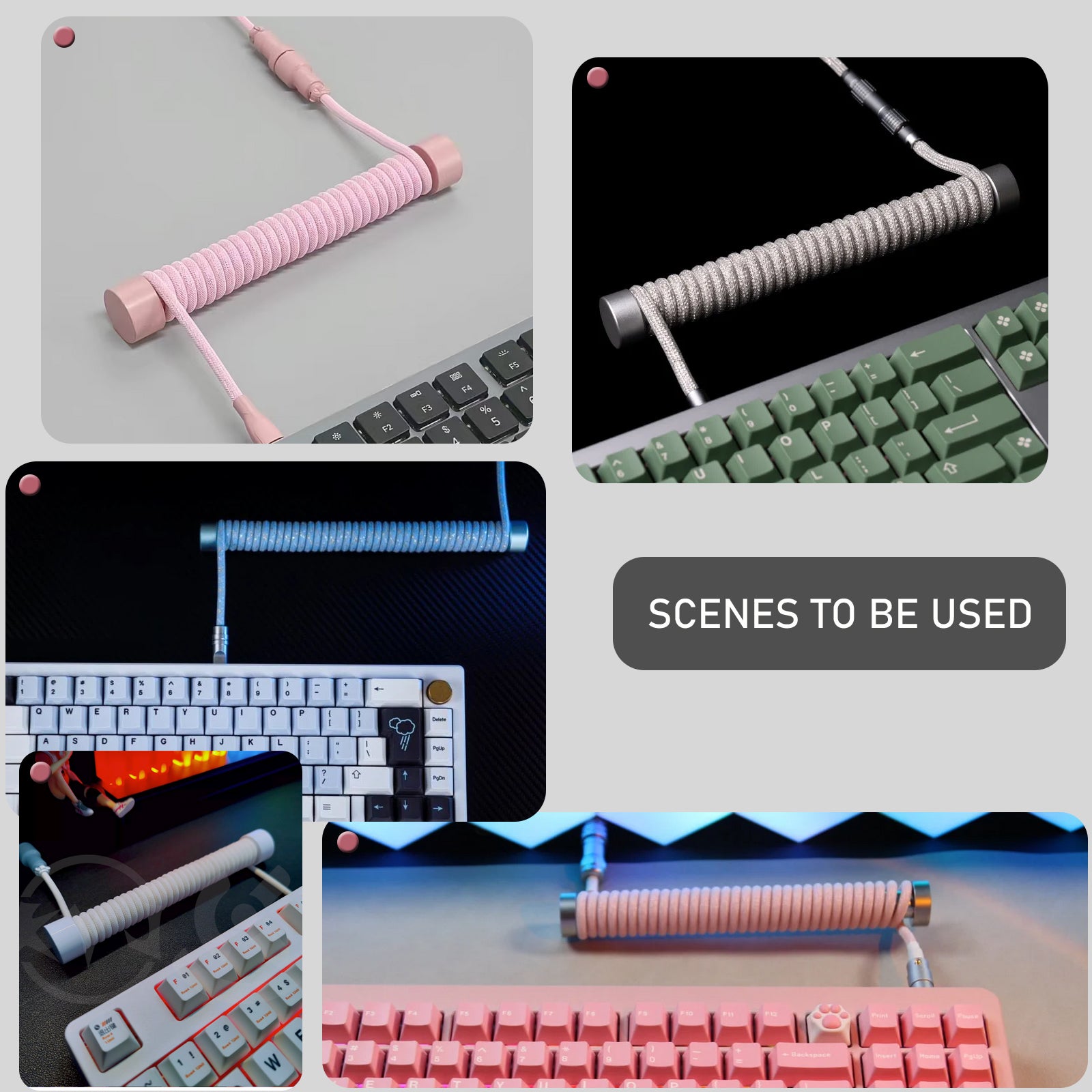 Versatile acrylic coiled cable winder displayed with different keyboard setups.