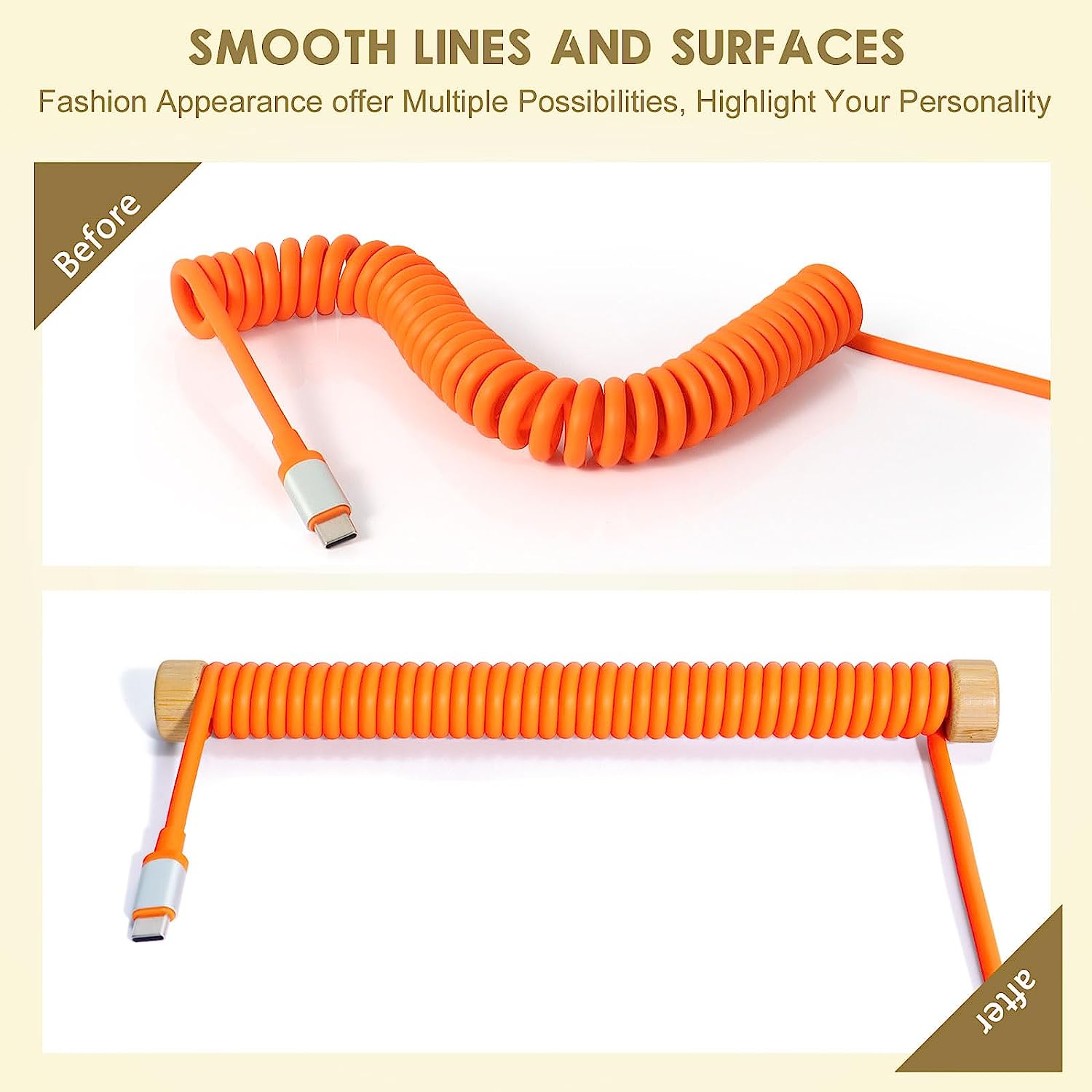 Orange coiled keyboard cable with bamboo winder for stylish desk organization.