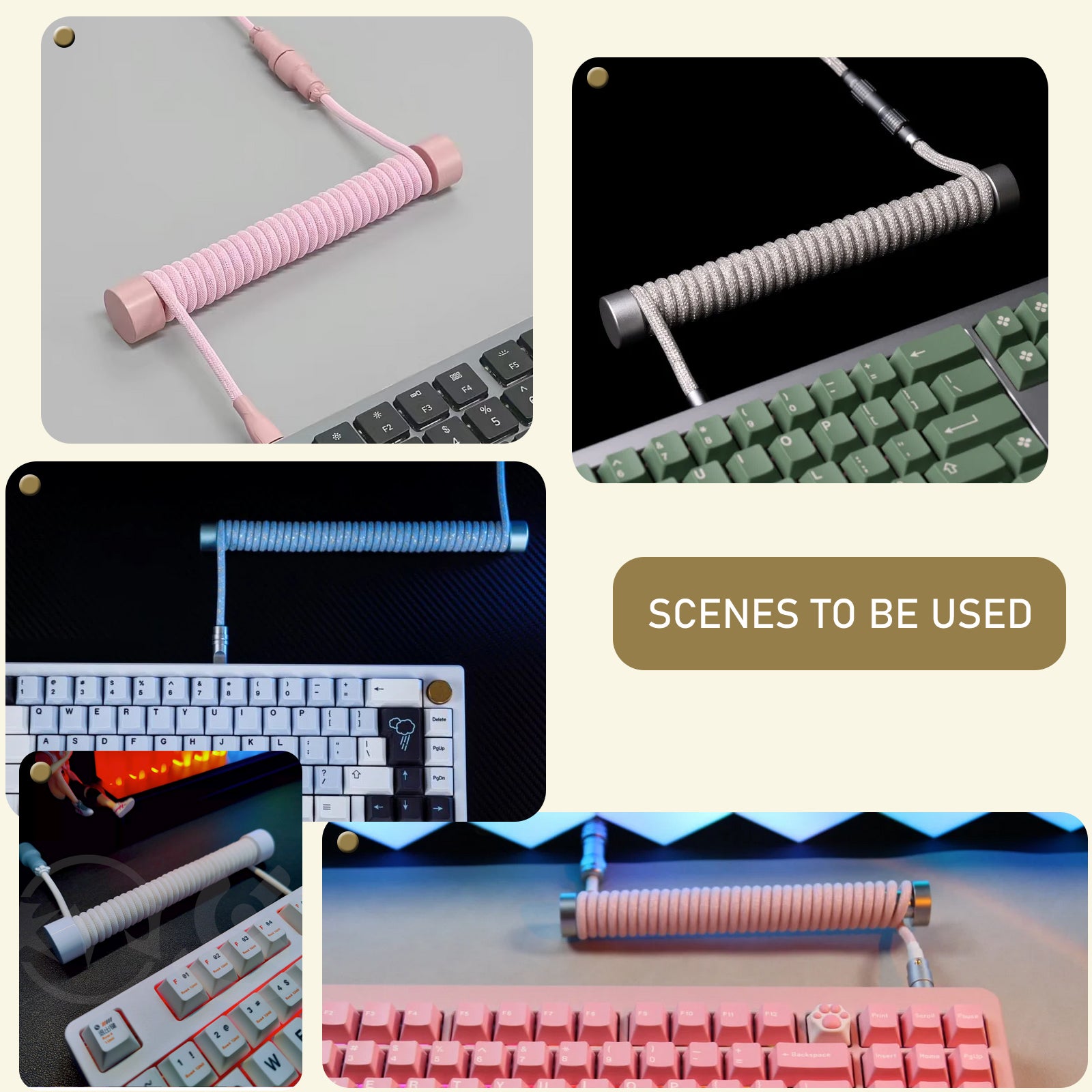 Bamboo cable winders in pink, silver, and white featured with different keyboard setups.