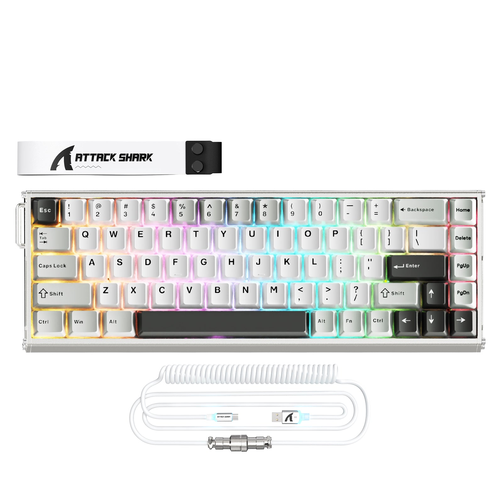 White ATTACK SHARK 65% RGB mechanical keyboard with coiled cable