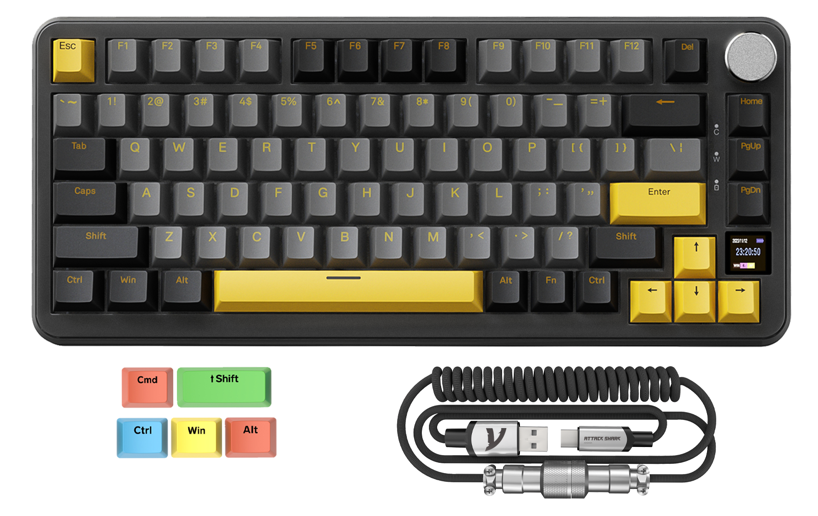 Attack Shark X85PRO keyboard with yellow-gray keycaps and smart TFT display.