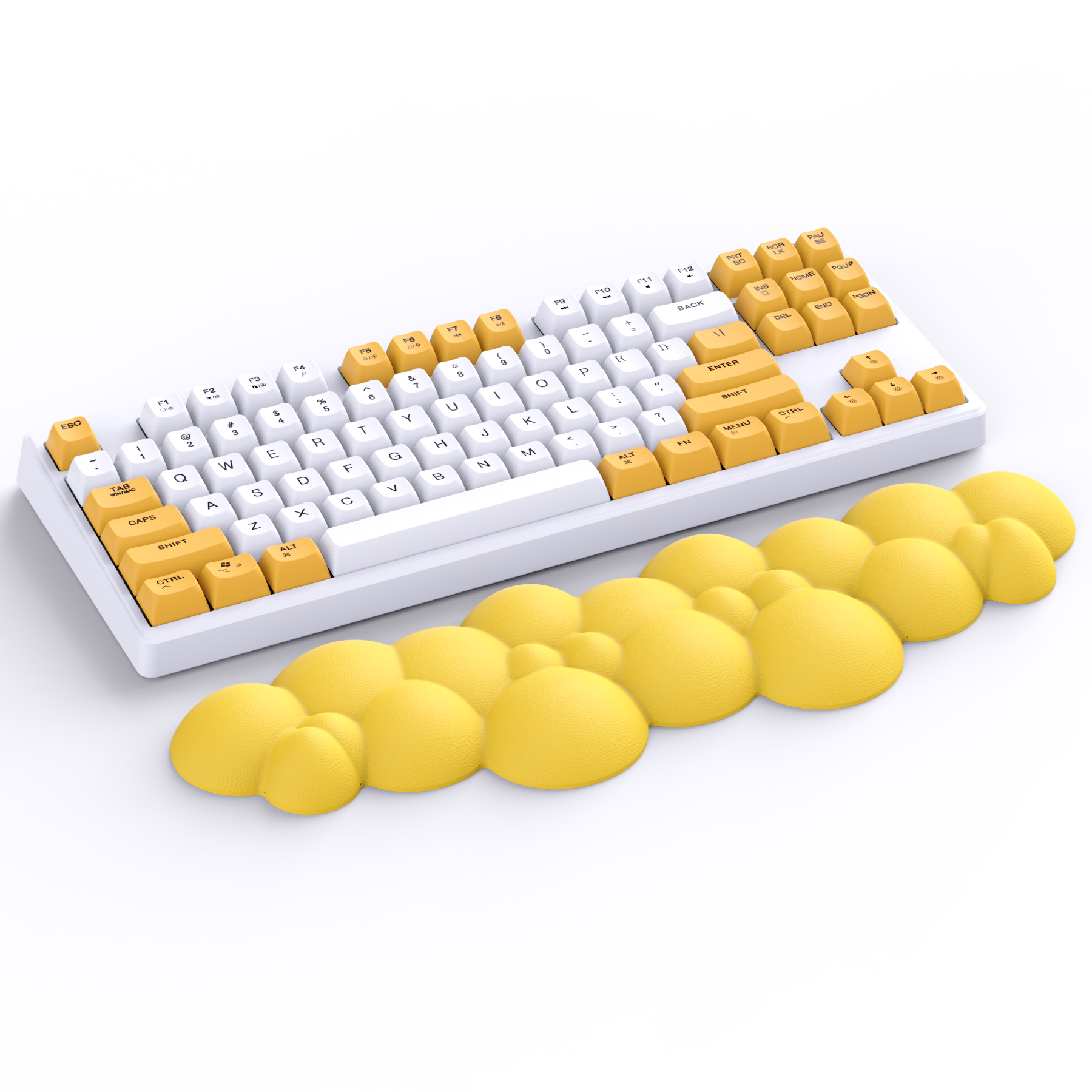 Yellow cloud-shaped ergonomic wrist rest next to white and yellow keycap mechanical keyboard.