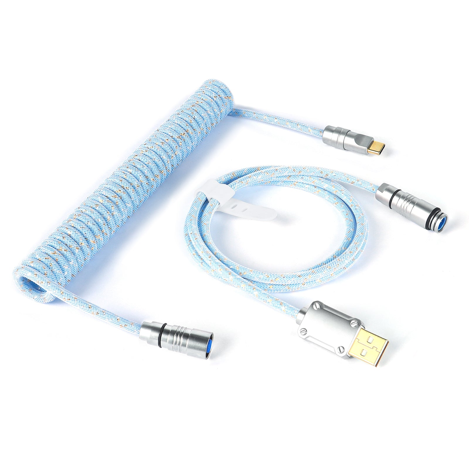 Blue and white coiled USB cable with detachable connectors and braided exterior.