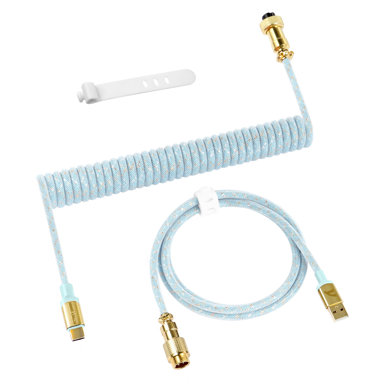 C03 light blue USB-C coiled keyboard cable with gold connectors and tangle-free design.