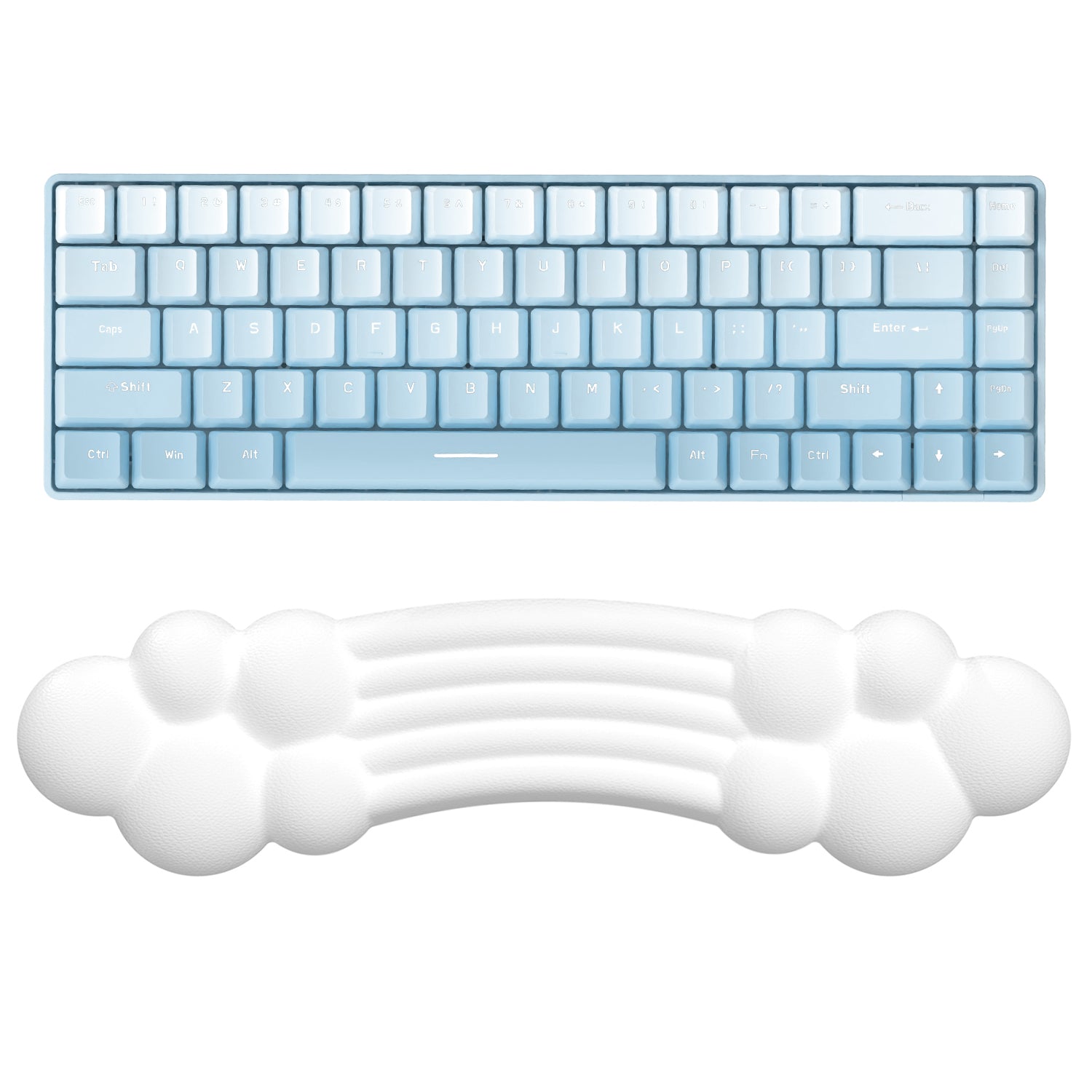 Pastel blue keyboard above white rainbow cloud wrist rest for ergonomic support.