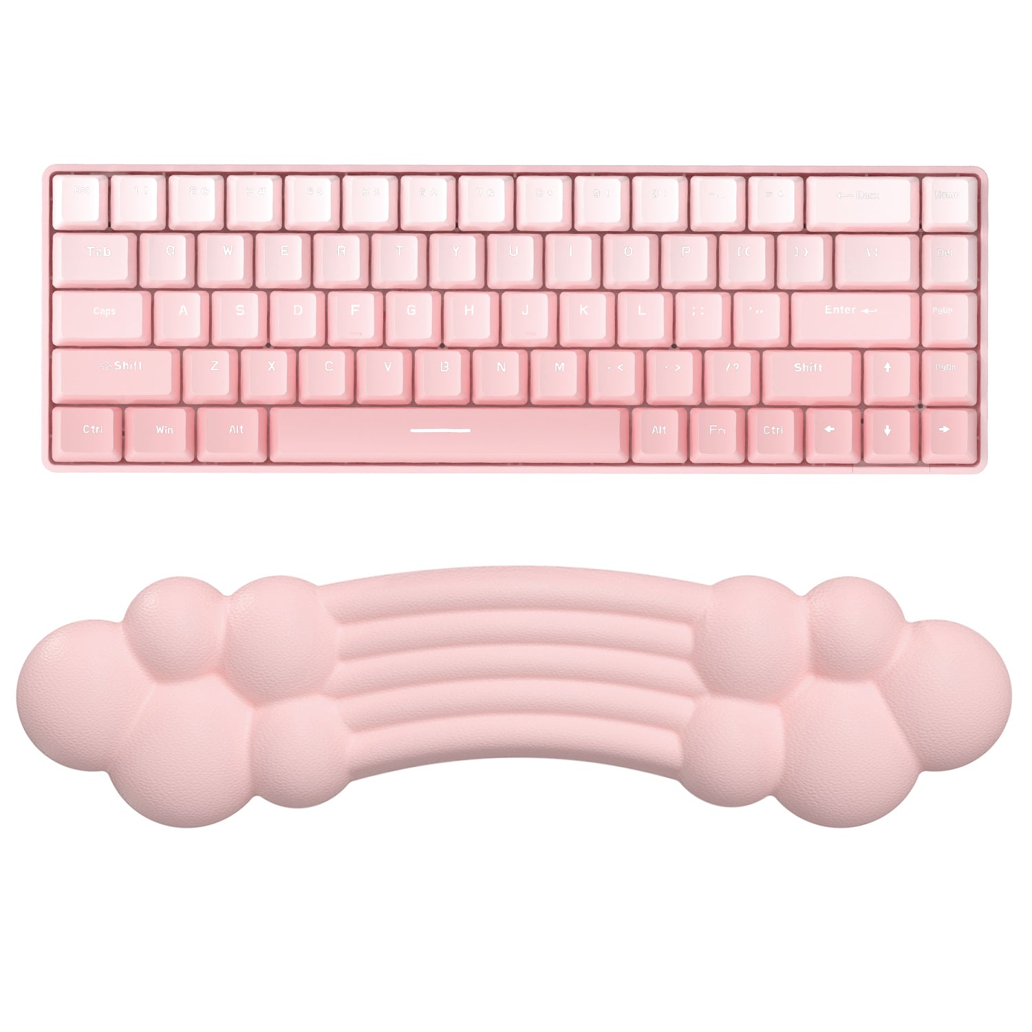 Pink rainbow cloud wrist rest under pastel pink keyboard for ergonomic comfort.