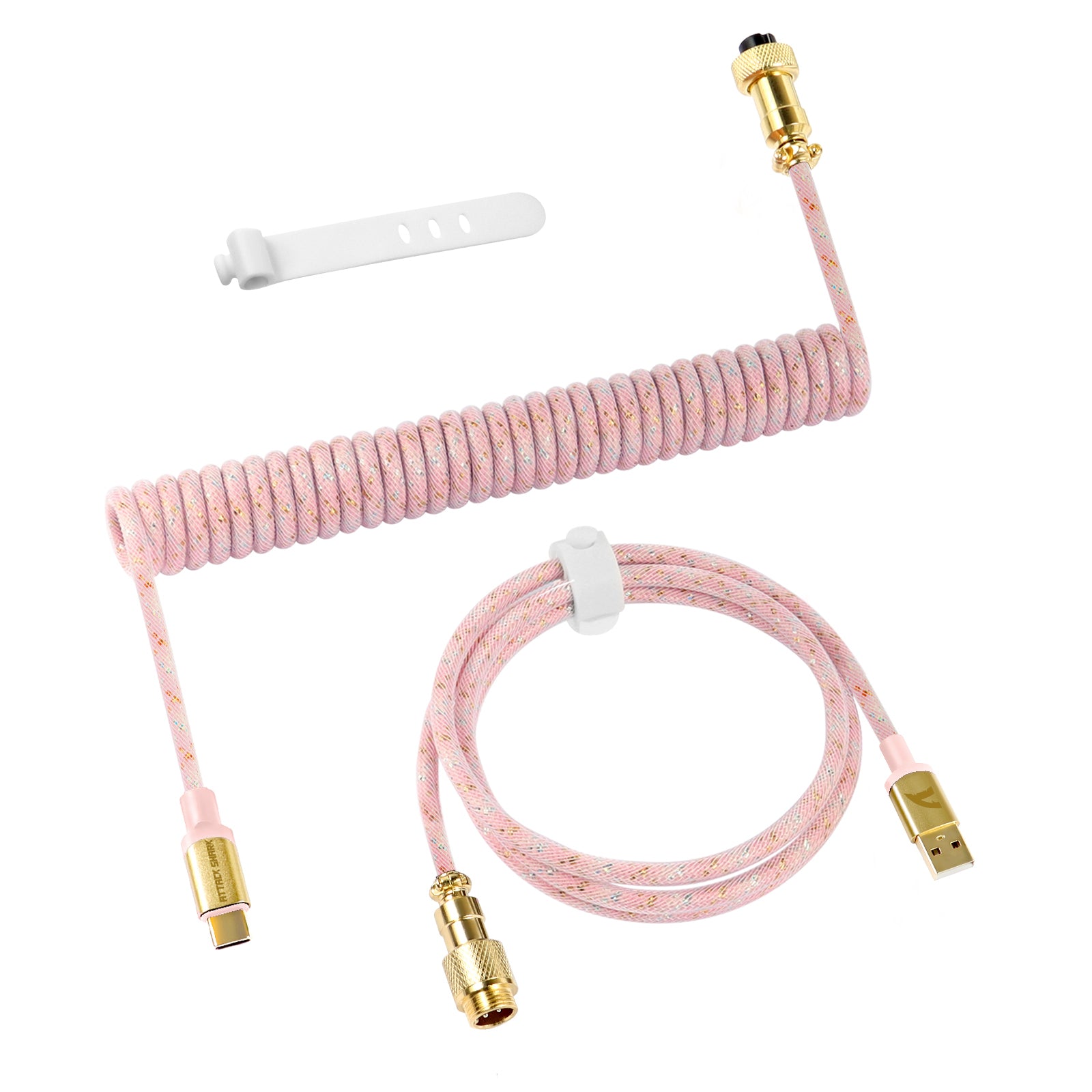 Pink coiled USB-C keyboard cable with gold connectors and sequins design