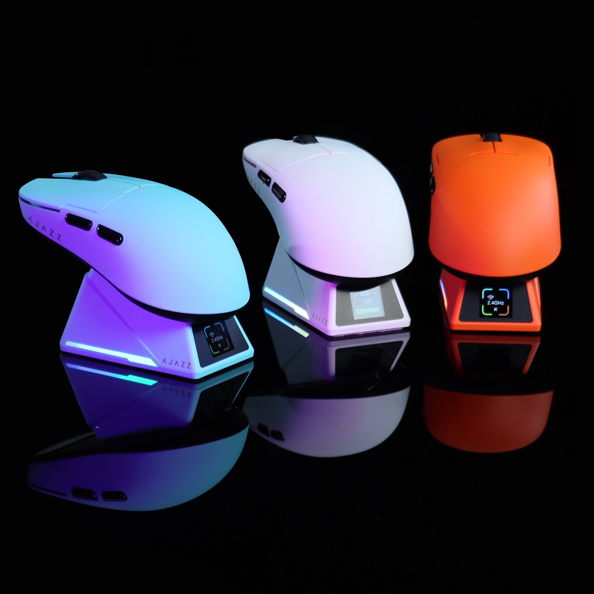 AJAZZ AJ159 APEX gaming mice in gradient blue, white, and orange on illuminated charging docks.